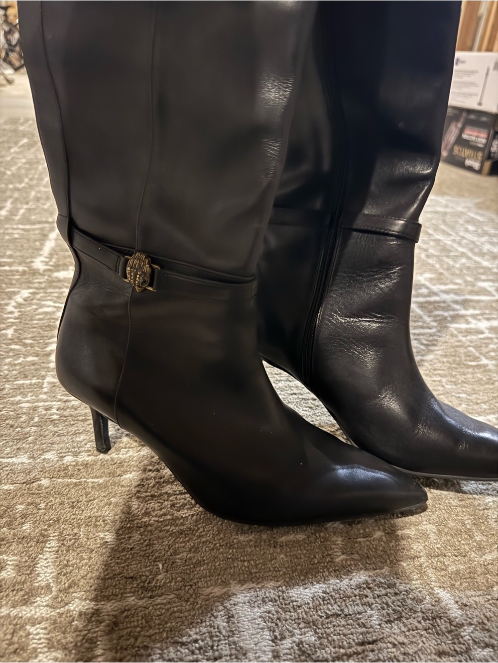 Kurt Geiger Black Knee-High Pointed Toe Leather Boots - Picture 4 of 5